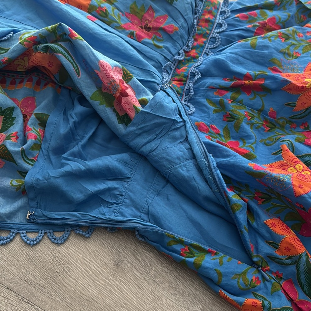 Farm Rio Women’s Blue Tropical Midi Layered Tiered Tapestry Dress Medium NWT - Picture 14 of 16